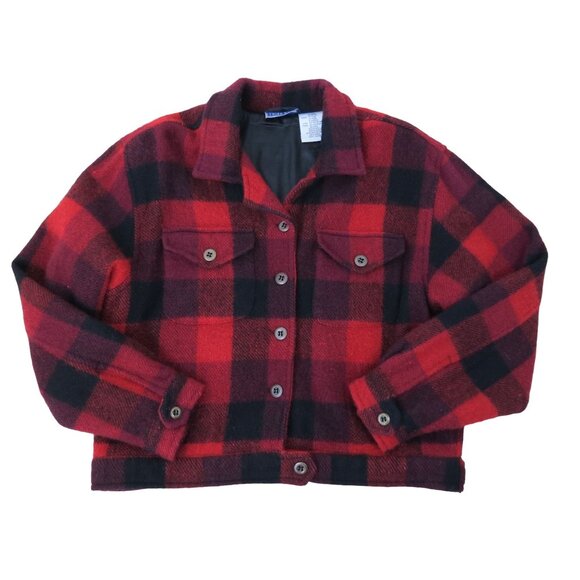 Vintage 90s ERIKA & CO Red Black Buffalo Plaid Wool Blend Bomber Jacket Size L - Picture 1 of 8